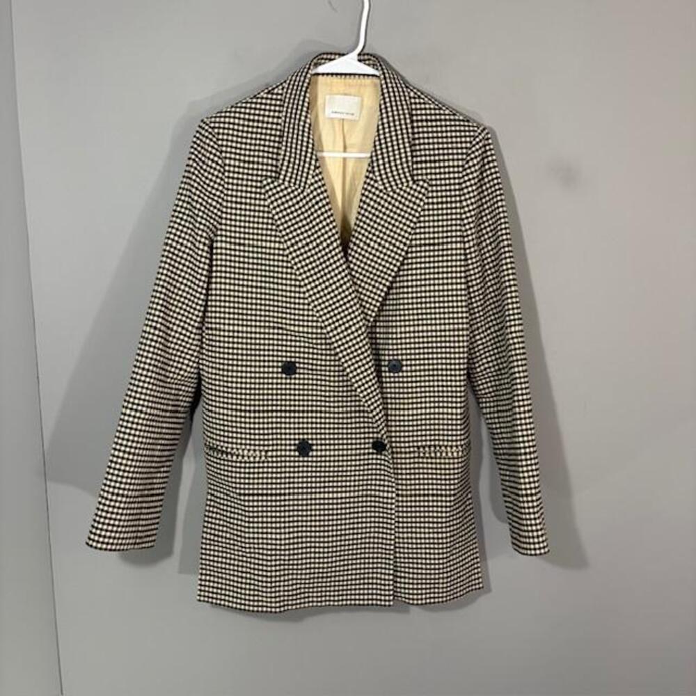 Rebecca Taylor Blazer Womens 8 Black Check Linen Blend Double Breasted Jacket
